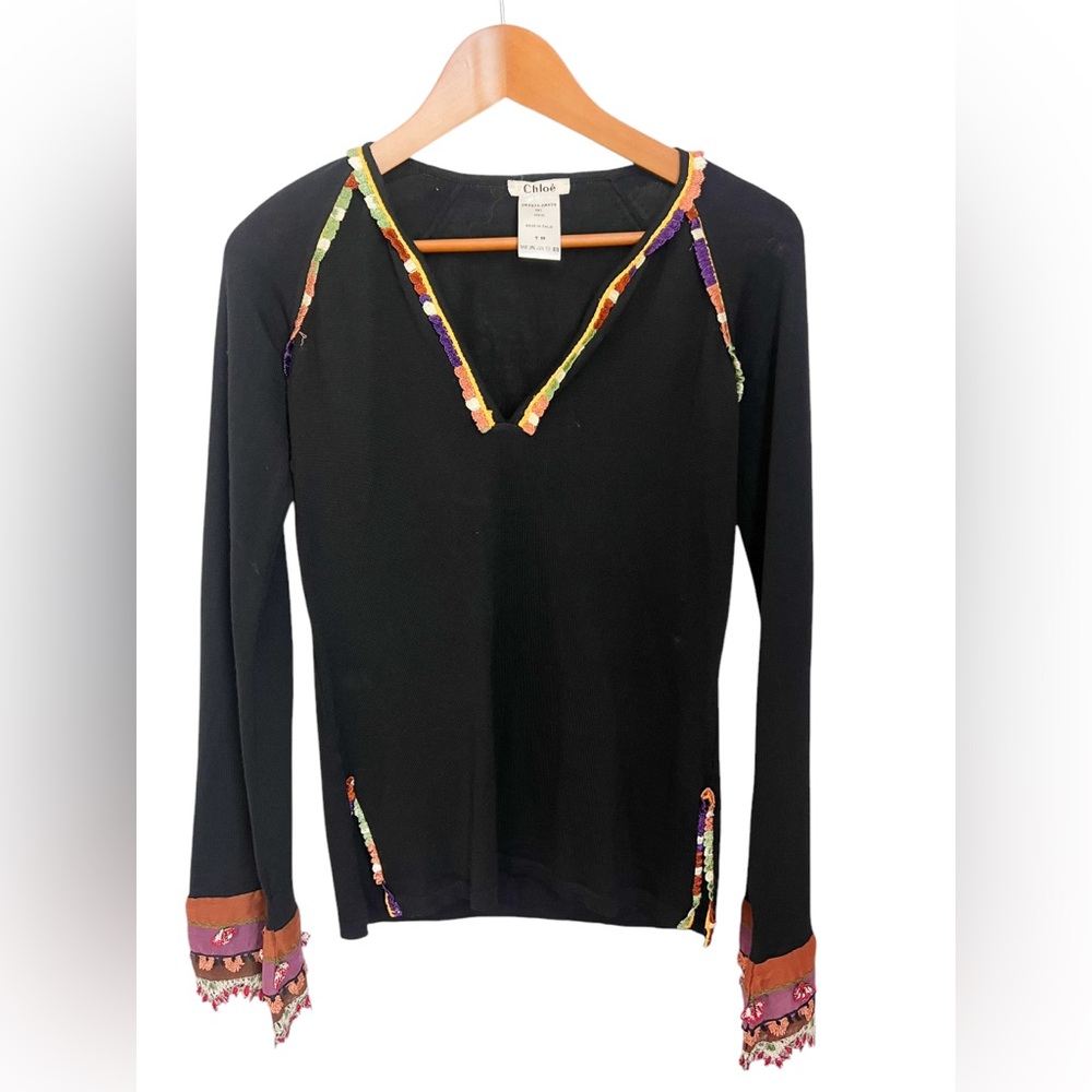 Chloe black V neck embroidered details top